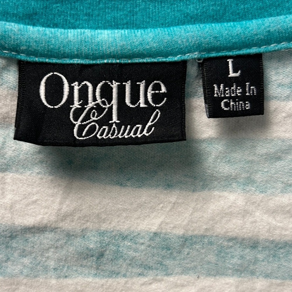 Onque Casual V Neck Knit Top Womens Large Aqua White Striped 3/4 Sleeve Stretch - Picture 3 of 7